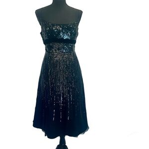Jovani black sequin silk velvet sleeveless spaghetti strap A-line midi dress 12